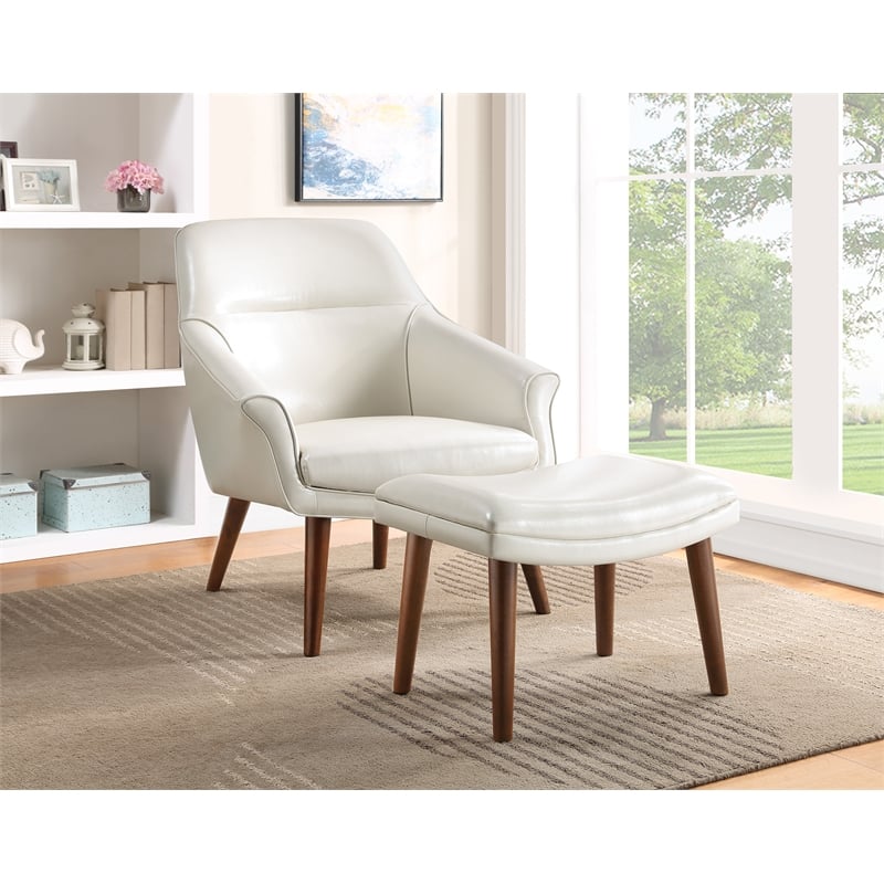 Waneta Chair and Ottoman in Cream Faux Leather with Medium Espresso Legs