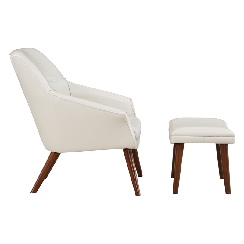 Waneta Chair and Ottoman in Cream Faux Leather with Medium Espresso Legs
