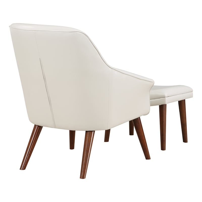 Waneta Chair and Ottoman in Cream Faux Leather with Medium Espresso Legs