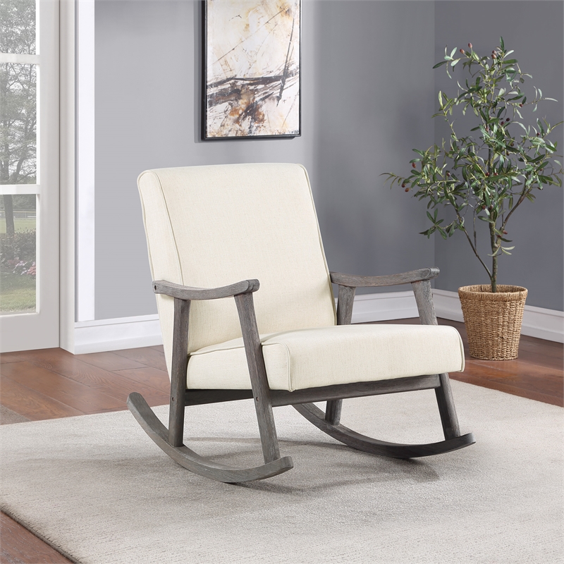 Gainsborough Rocker in Linen White Fabric with Brushed Gray Finish Frame