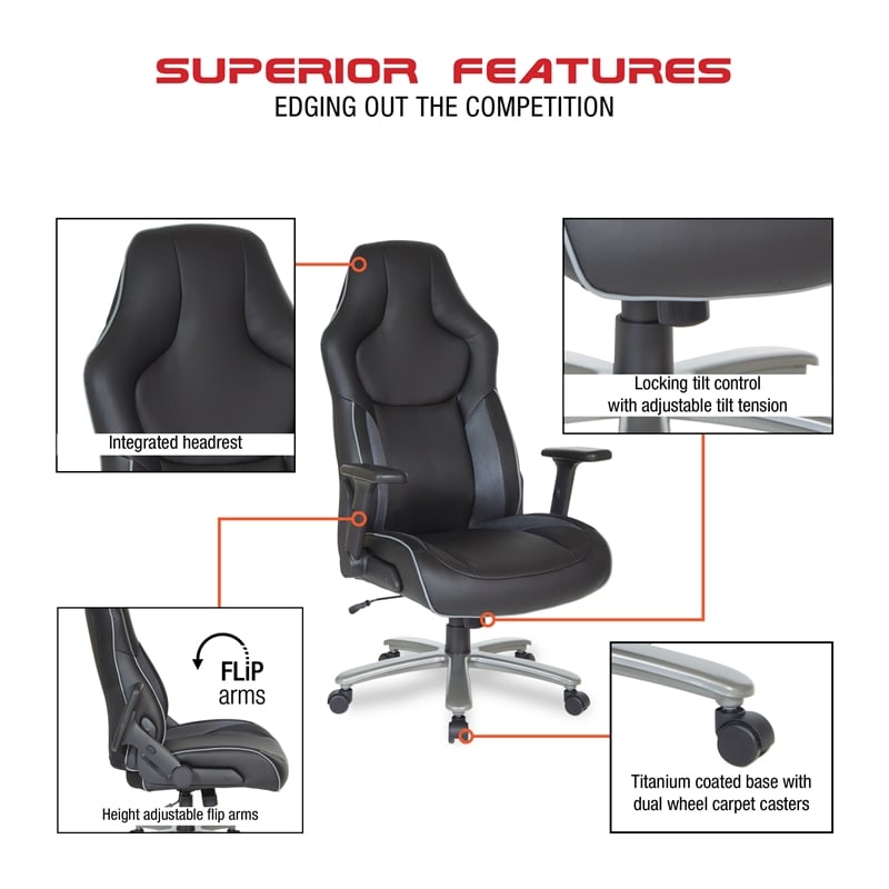 Big & Tall Bonded Leather Gaming Chair in Gray Mesh