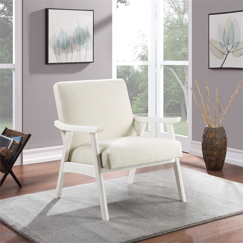Weldon Armchair in Linen White Fabric with Antique White Finished Frame