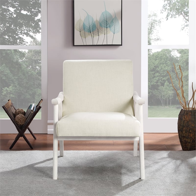 Weldon Armchair in Linen White Fabric with Antique White Finished Frame