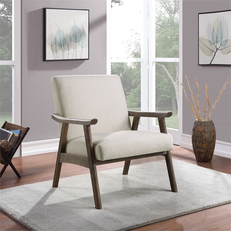 Weldon Armchair in Linen White Fabric with Brushed Brown Finished Frame