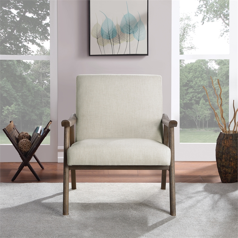 Weldon Armchair in Linen White Fabric with Brushed Brown Finished Frame