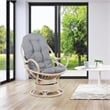 Lanai Rattan Swivel Rocker Chair in Gray Fabric with White Wash Frame