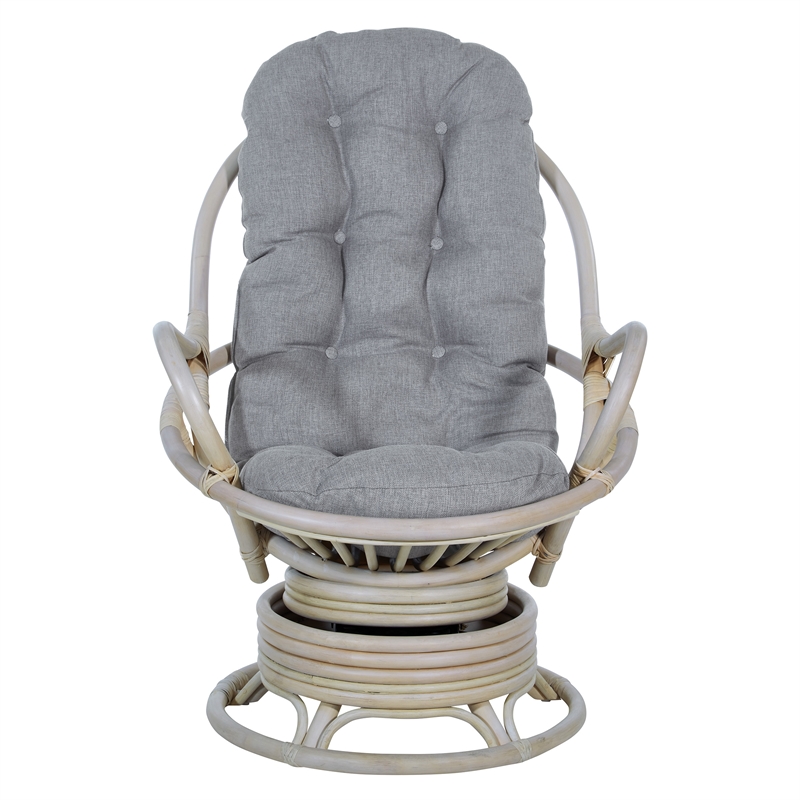 Lanai Rattan Swivel Rocker Chair in Gray Fabric with White Wash Frame
