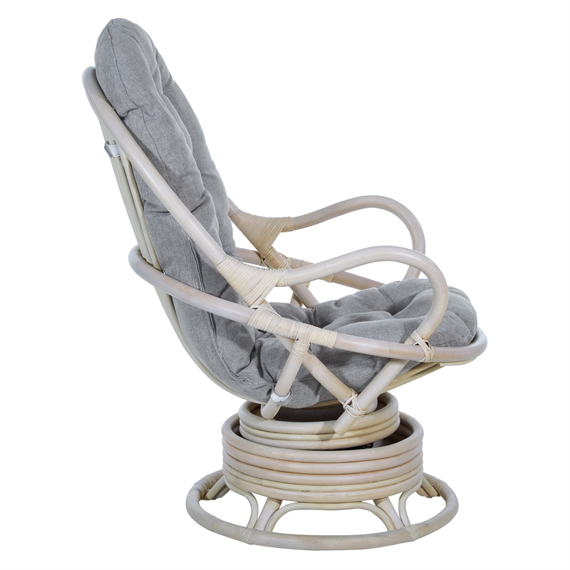 Lanai Rattan Swivel Rocker Chair in Gray Fabric with White Wash Frame