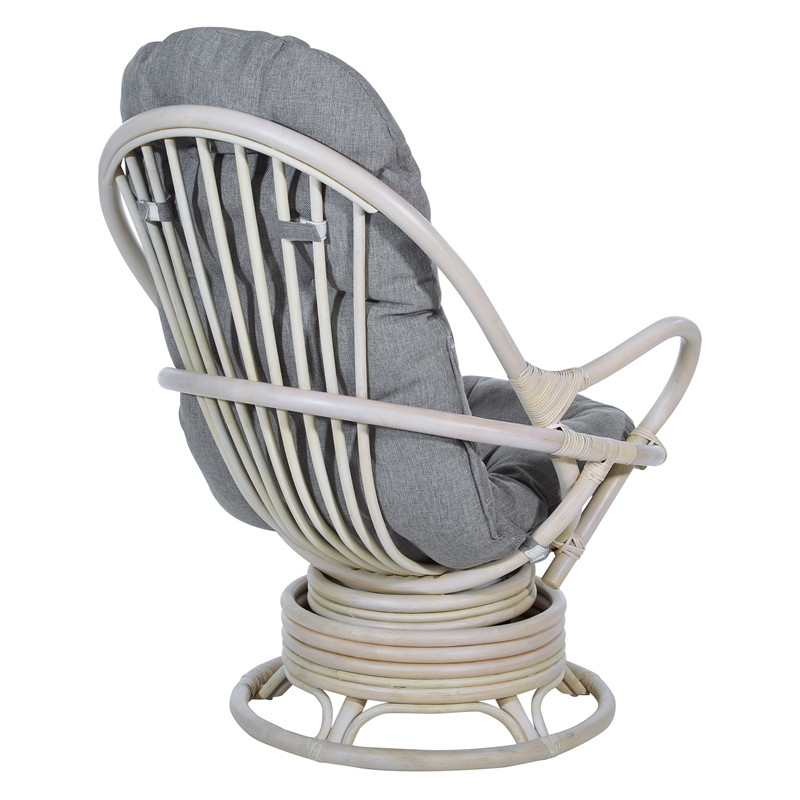 Lanai Rattan Swivel Rocker Chair in Gray Fabric with White Wash Frame
