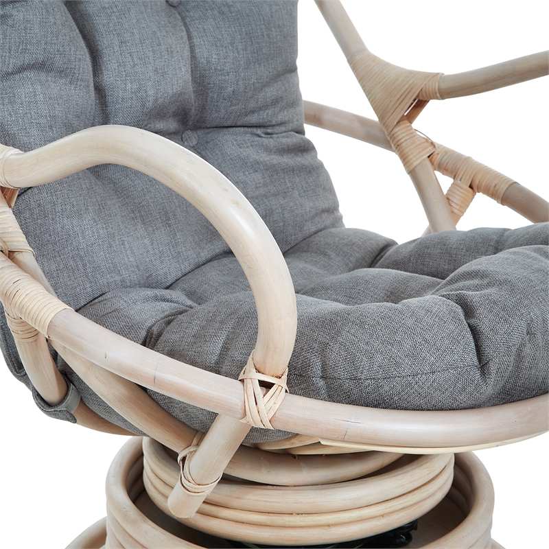 Lanai Rattan Swivel Rocker Chair in Gray Fabric with White Wash Frame