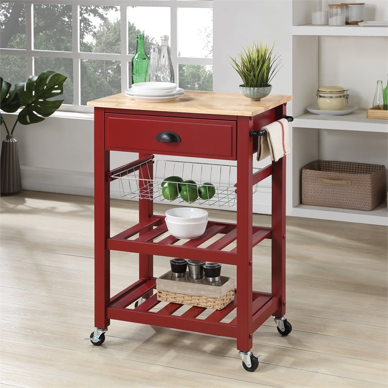 Hampton Engineered Wood Kitchen Cart With Wood Top and Red Base