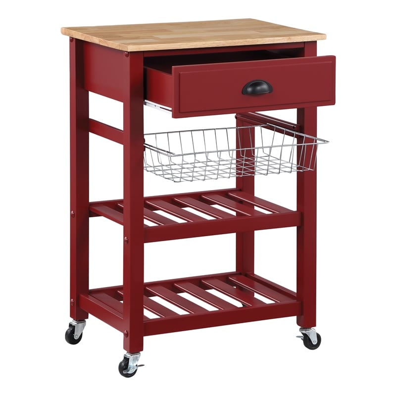 Hampton Engineered Wood Kitchen Cart With Wood Top and Red Base