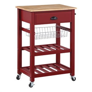 Hampton Engineered Wood Kitchen Cart With Wood Top and Red Base