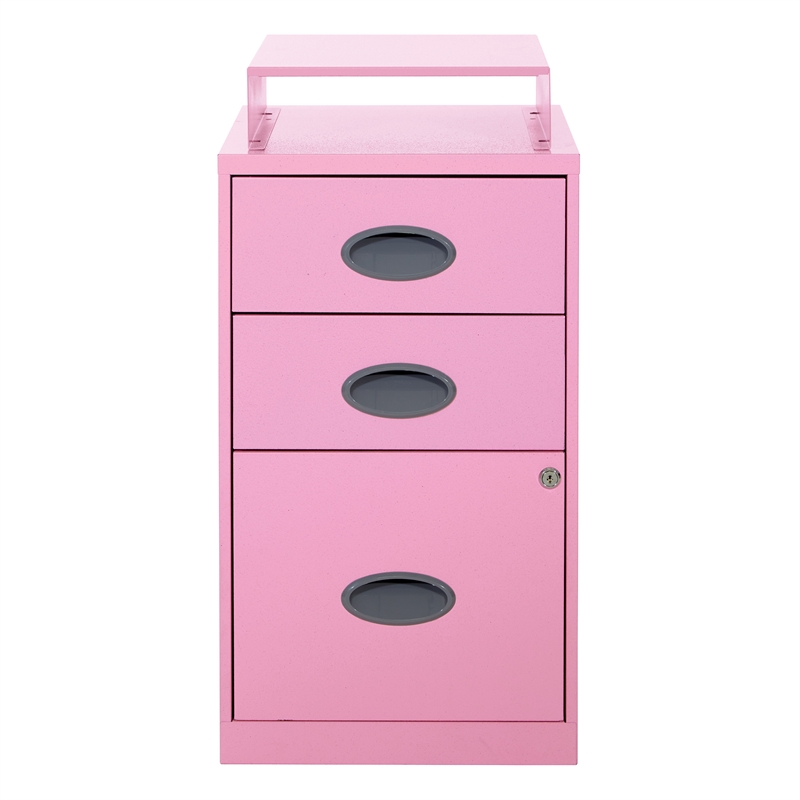 3 Drawer Locking Metal File Cabinet w/ Top Shelf in Pink