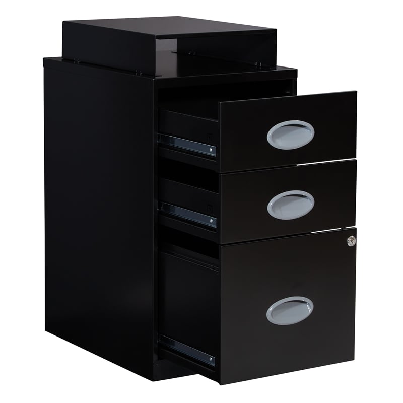 3 Drawer Locking Metal File Cabinet w/ Top Shelf in Black