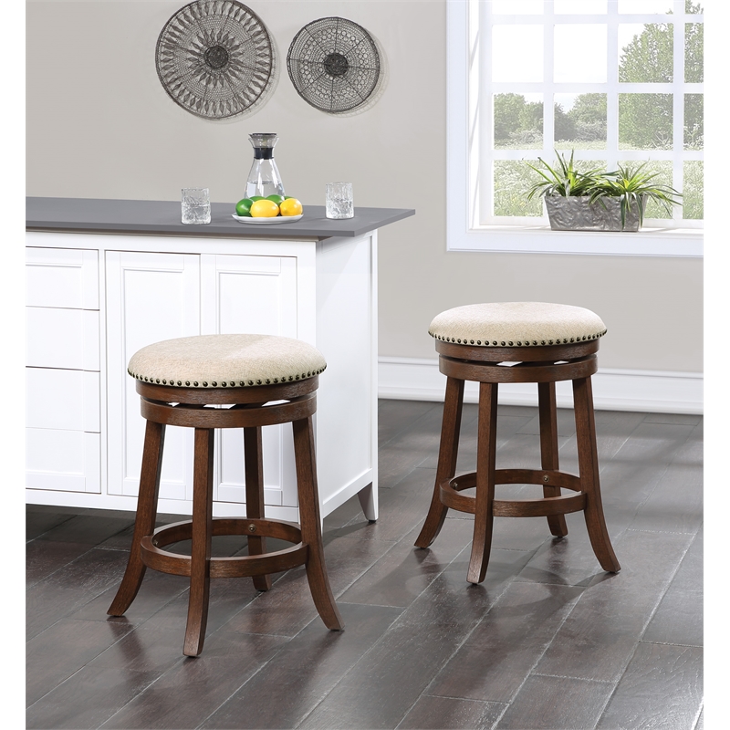Backless Round Swivel Stool in Beige Fabric and Dark Walnut Finish