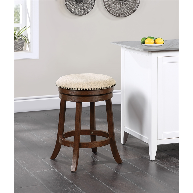 Backless Round Swivel Stool in Beige Fabric and Dark Walnut Finish