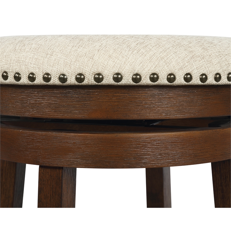 Backless Round Swivel Stool in Beige Fabric and Dark Walnut Finish