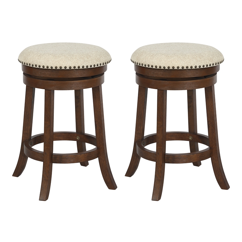 Backless Round Swivel Stool in Beige Fabric and Dark Walnut Finish