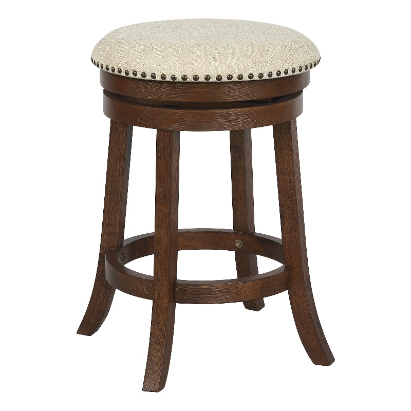 Backless Round Swivel Stool in Beige Fabric and Dark Walnut Finish