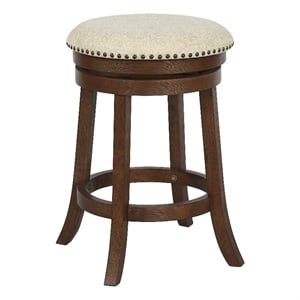 Backless Round Swivel Stool in Beige Fabric and Dark Walnut Finish
