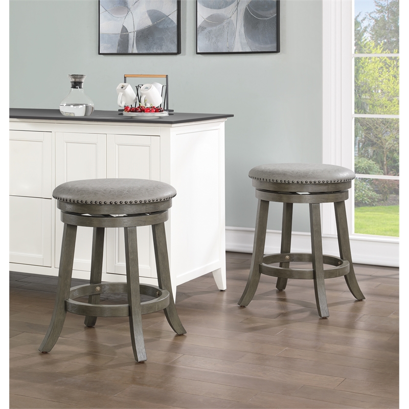 Backless Round Swivel Stool in Dove White Faux Leather Fabric 2 Pack