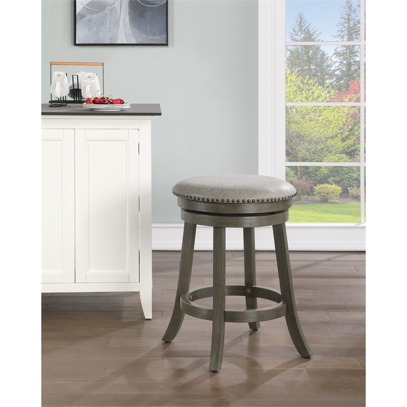 Backless Round Swivel Stool in Dove White Faux Leather Fabric 2 Pack