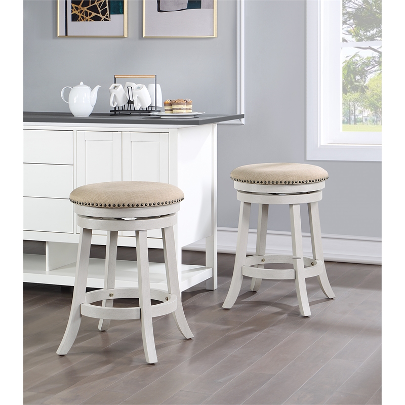 Backless Round Swivel Stool in Beige Fabric in White-Wash Finish 2 Pack