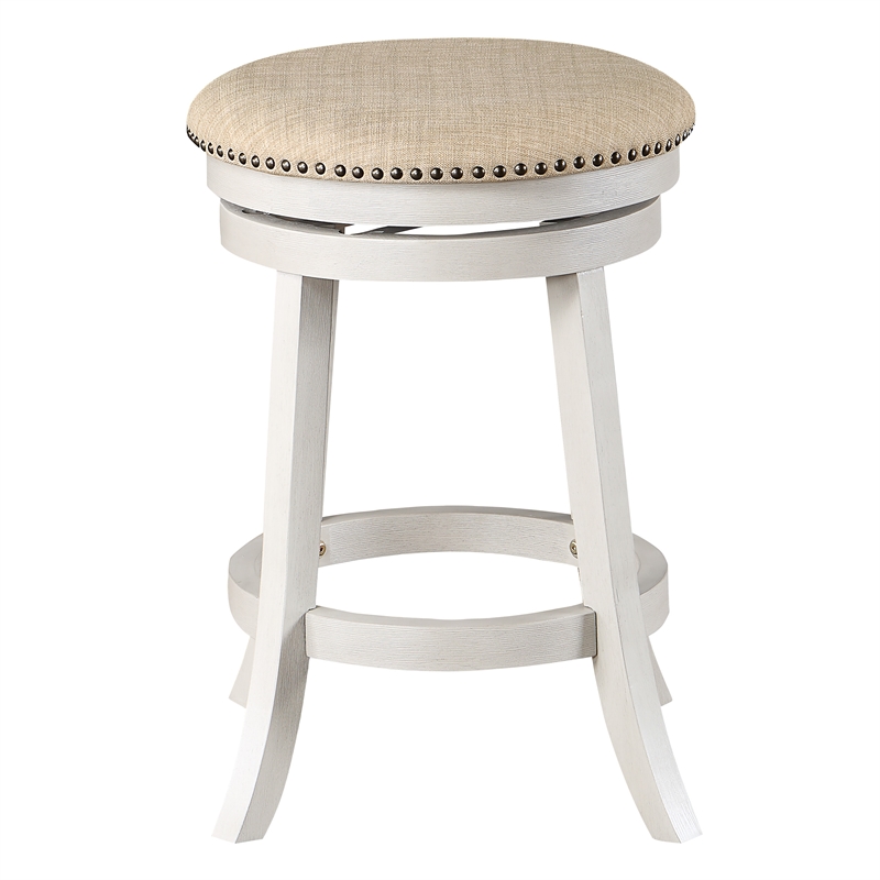 Backless Round Swivel Stool in Beige Fabric in White-Wash Finish 2 Pack