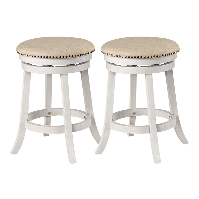 Backless Round Swivel Stool in Beige Fabric in White-Wash Finish 2 Pack