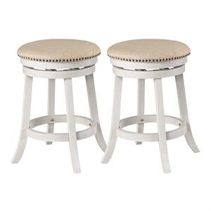 Backless Round Swivel Stool in Beige Fabric in White-Wash Finish 2 Pack