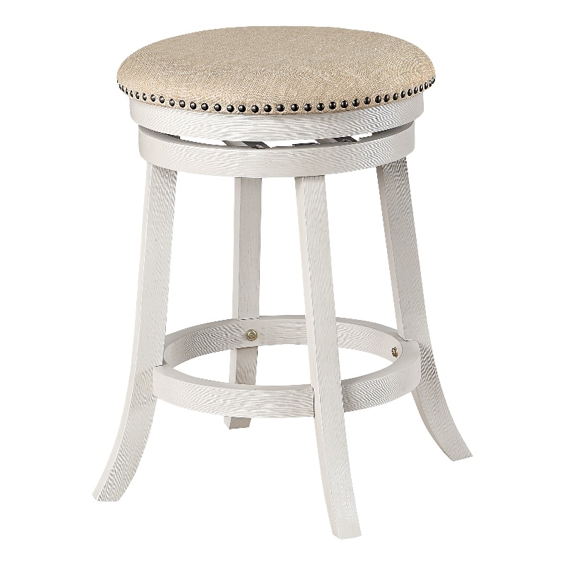 Backless Round Swivel Stool in Beige Fabric in White-Wash Finish 2 Pack