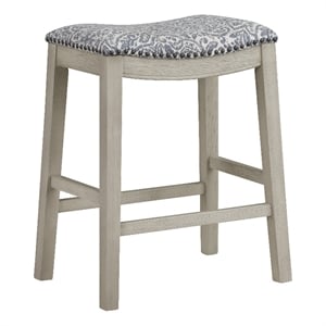 Saddle Stool 24&quot Counter Height in Damask Navy Fabric with White-washed Finish