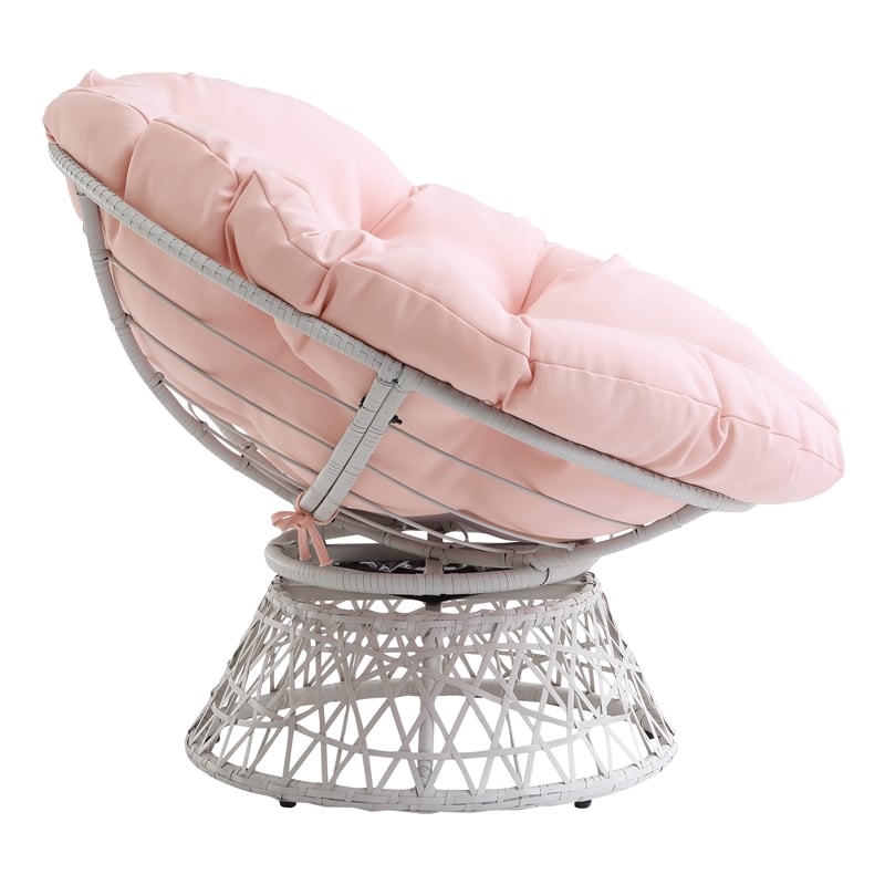 Papasan Chair with Pink Round Pillow Fabric Cushion and Cream Wicker Weave