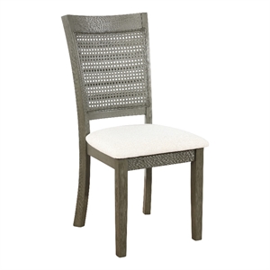 walden cane back dining chair  with gray base and linen white fabric seat