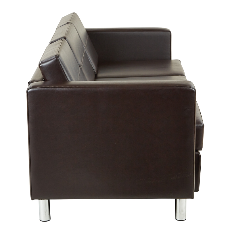 Pacific Easy-Care Espresso Brown Faux Leather Sofa Couch and Silver Color Legs