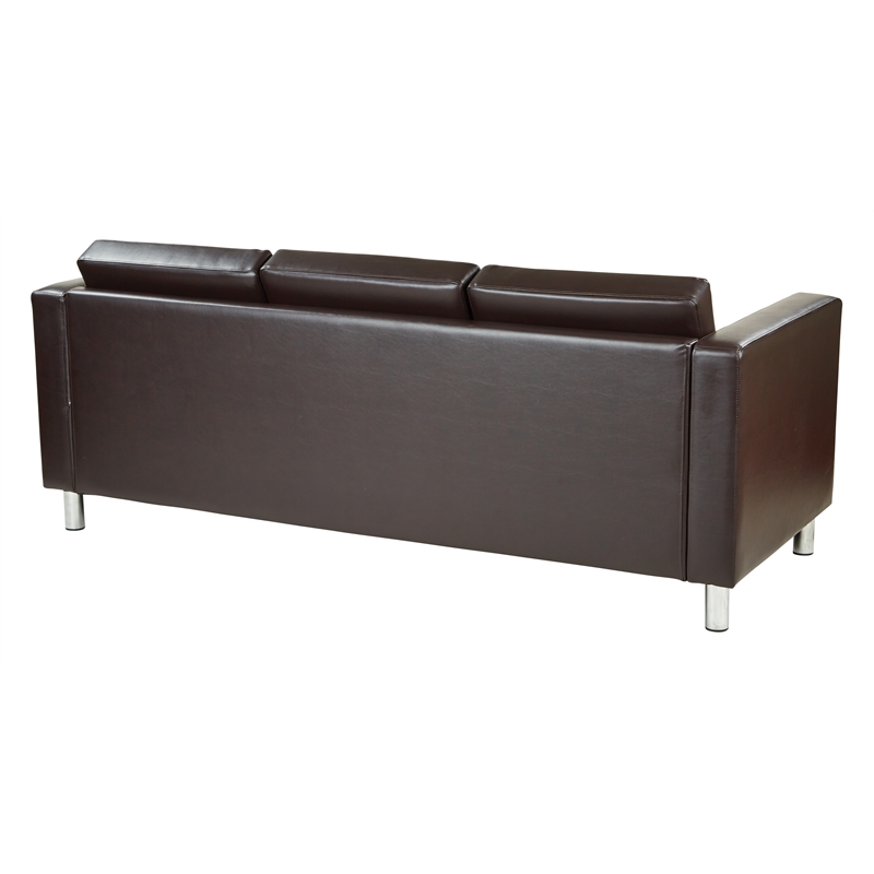 Pacific Easy-Care Espresso Brown Faux Leather Sofa Couch and Silver Color Legs