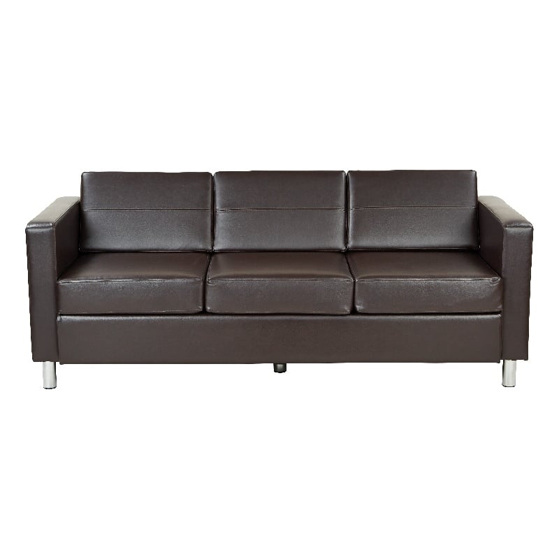 Pacific Easy-Care Espresso Brown Faux Leather Sofa Couch and Silver Color Legs