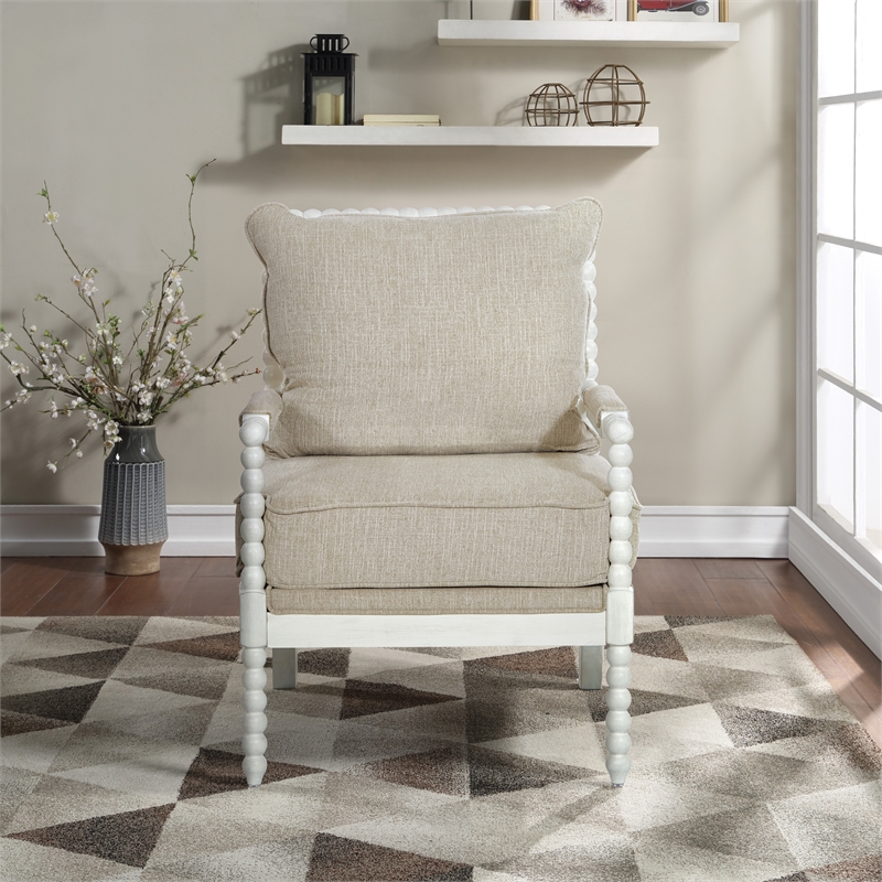 Kaylee Spindle Chair in Linen  White Fabric with Antique White Frame