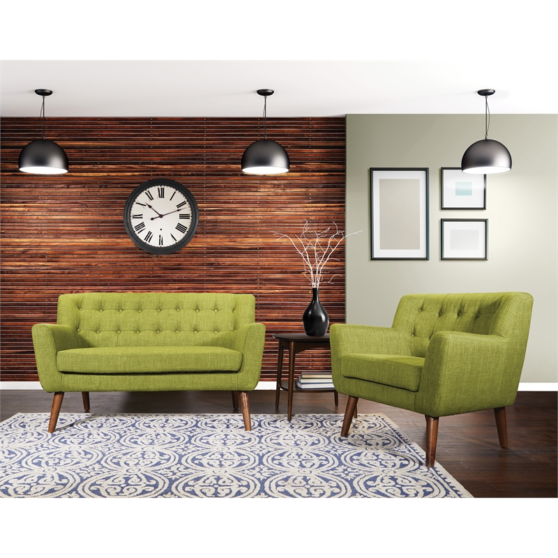 Mill Lane Chair and Loveseat Set in Green Fabric with Coffee Finish Legs