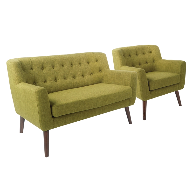 Mill Lane Chair and Loveseat Set in Green Fabric with Coffee Finish Legs