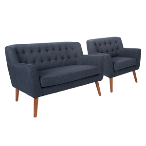 mill lane chair and loveseat set in navy fabric with coffee finish legs