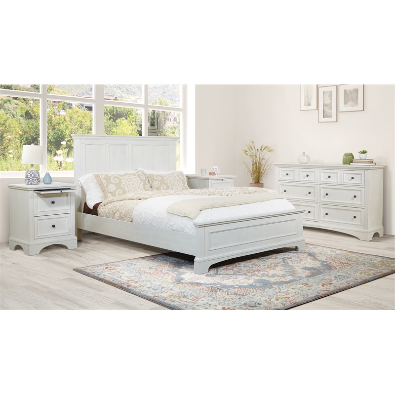 Farmhouse Basics Bed Queen 4pc. Bedroom Set in Rustic White Engineered Wood