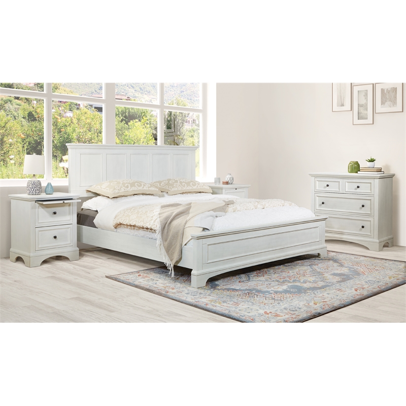 Farmhouse Basics Bed King 4pc. Bedroom Set in Rustic White Engineered Wood