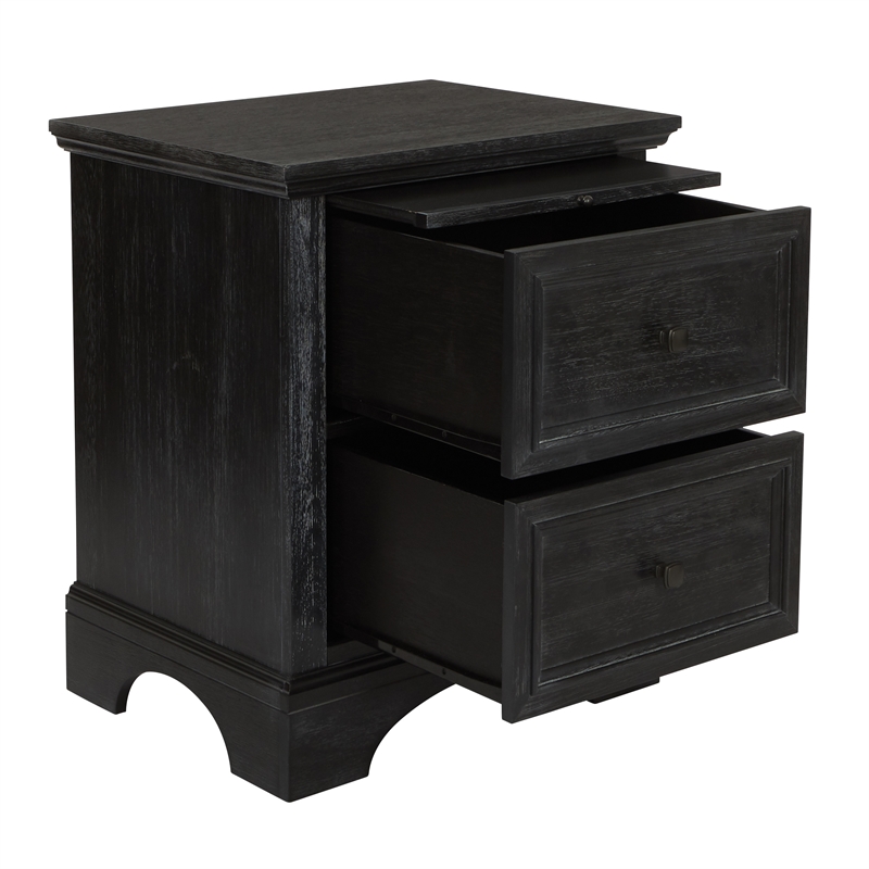 Farmhouse Basics 2 Drawer Nightstand with Tray in Wood Rustic Black Finish