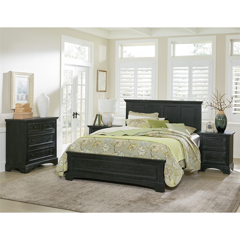 Farmhouse Basics Queen Bed 4 Piece Set in Wood Rustic Black Finish