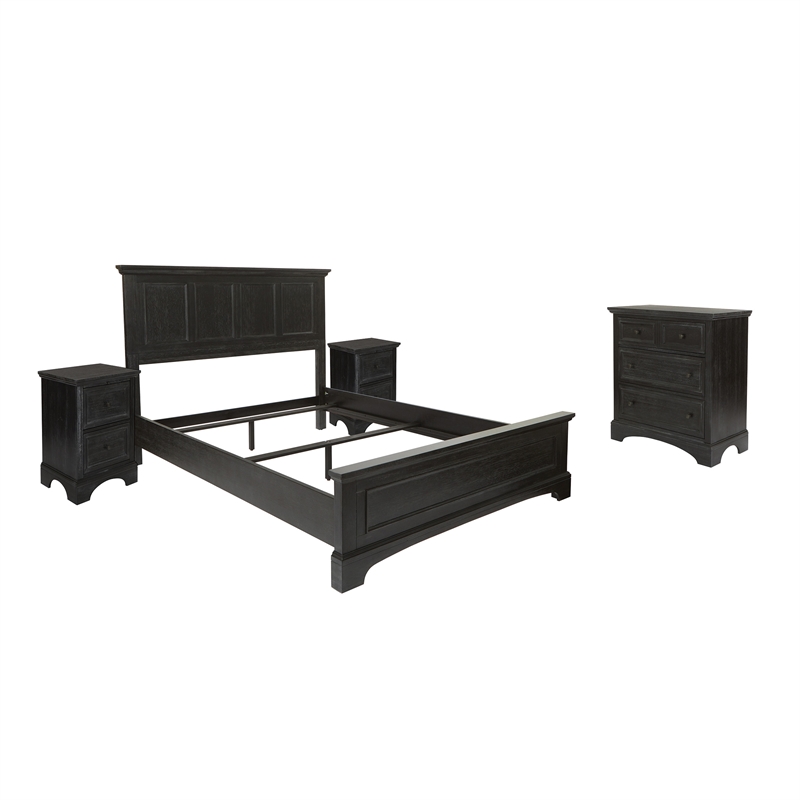 Farmhouse Basics Queen Bed 4 Piece Set in Wood Rustic Black Finish