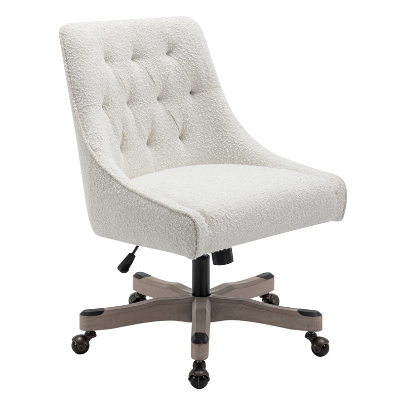 Tindal Office Chair-White Boucle Fabric Rustic Wood Base