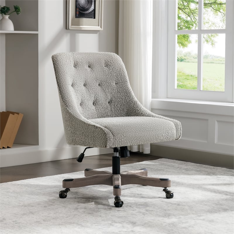 Tindal Office Chair-Salt and Pepper Gray Boucle Fabric Rustic Wood Base