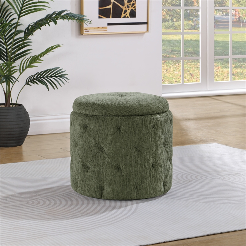 Erindale Round Storage Ottoman in Pine Green Fabric